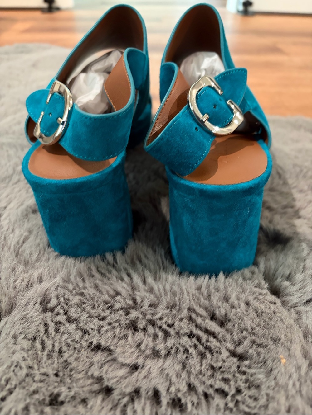 AEROSOLES Teal Suede Platform Block Heel Sandals - Picture 4 of 4